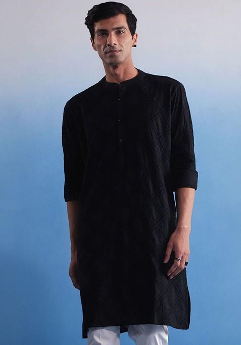 Black Embroidered Cotton Kurta For Men