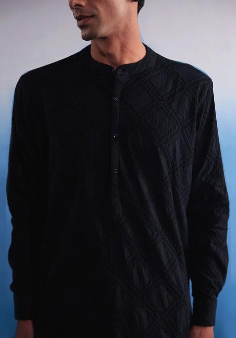 Black Embroidered Cotton Kurta For Men