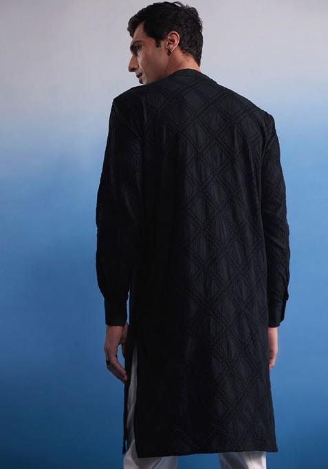Black Embroidered Cotton Kurta For Men