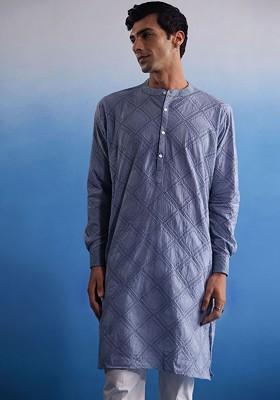 Blue Embroidered Cotton Kurta For Men