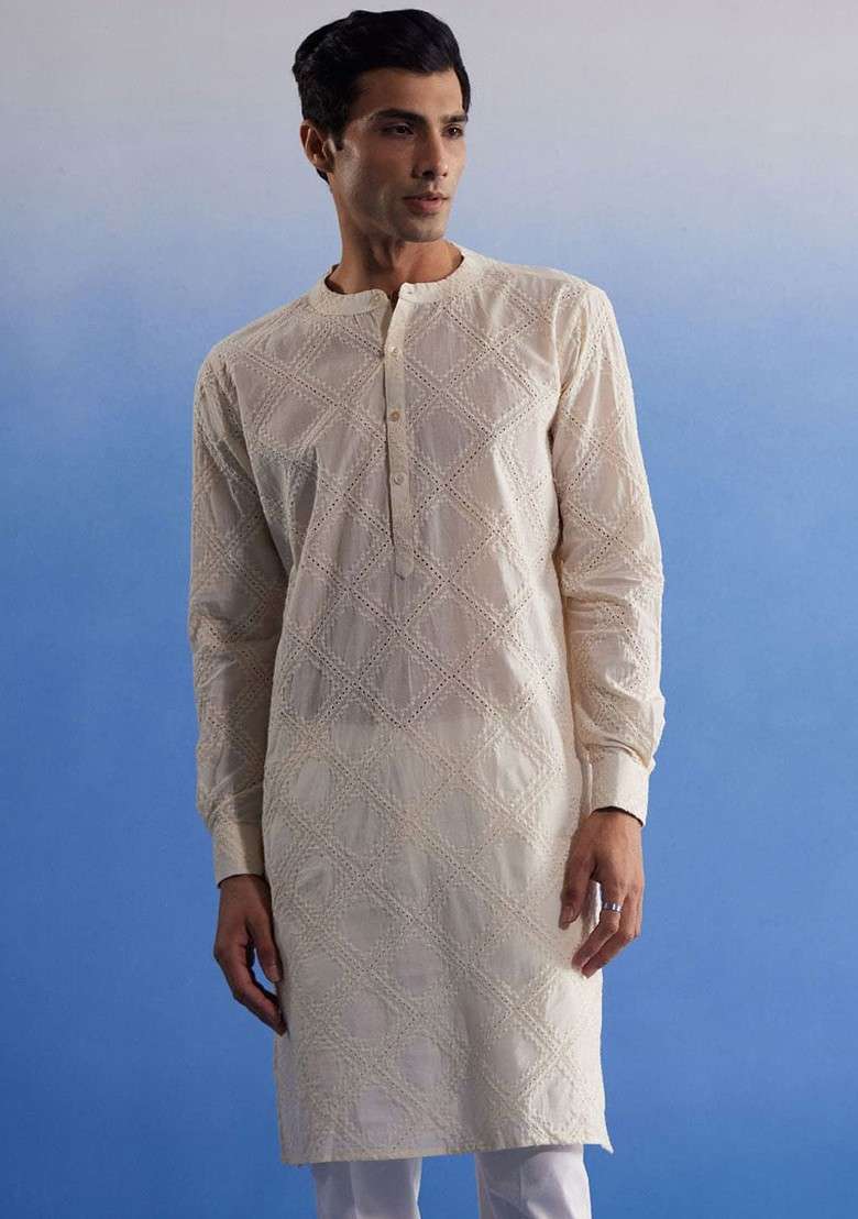 Cream Embroidered Cotton Kurta For Men - Indya