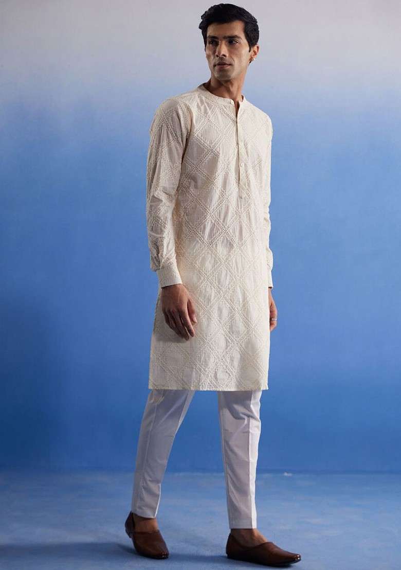 Cream Embroidered Cotton Kurta For Men - Indya