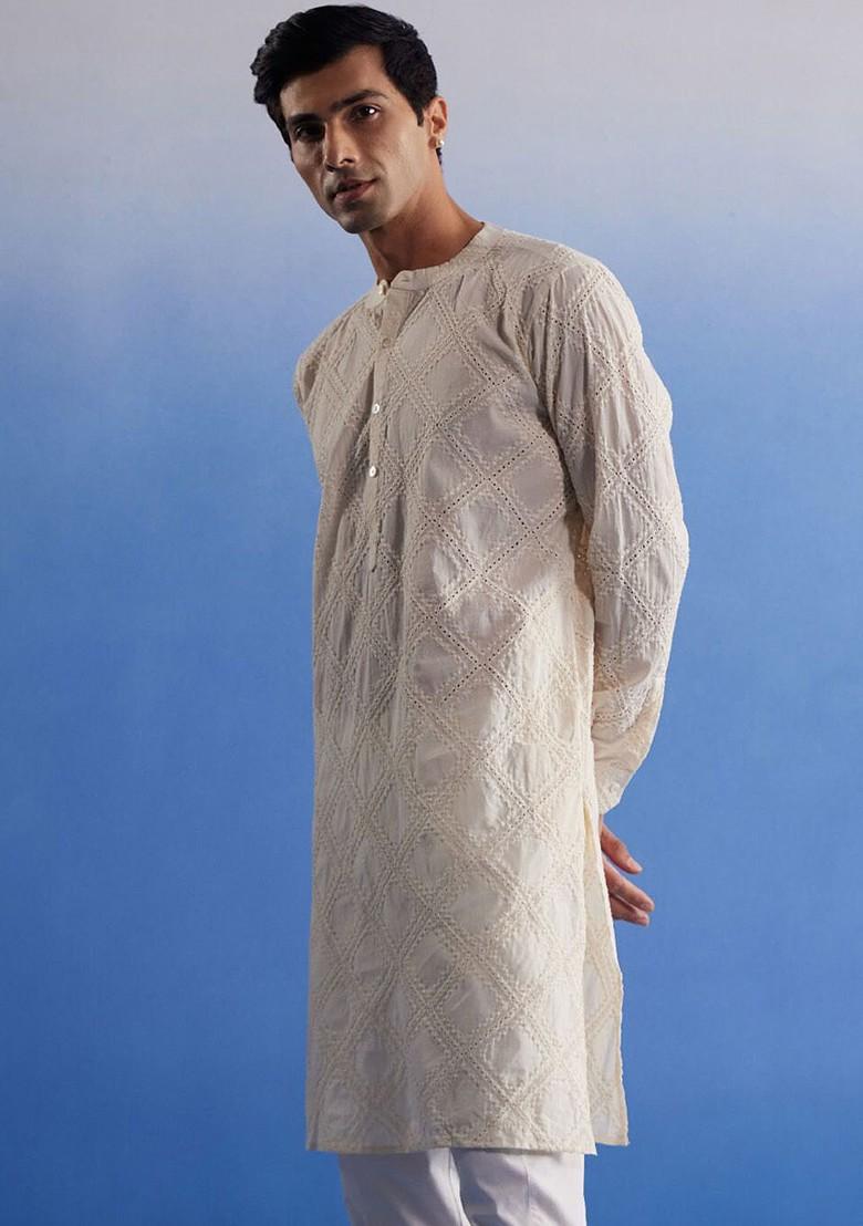 Cream Embroidered Cotton Kurta For Men