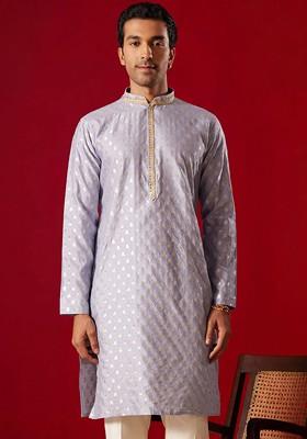 Blue Ethnic Motifs Jacquard Kurta For Men