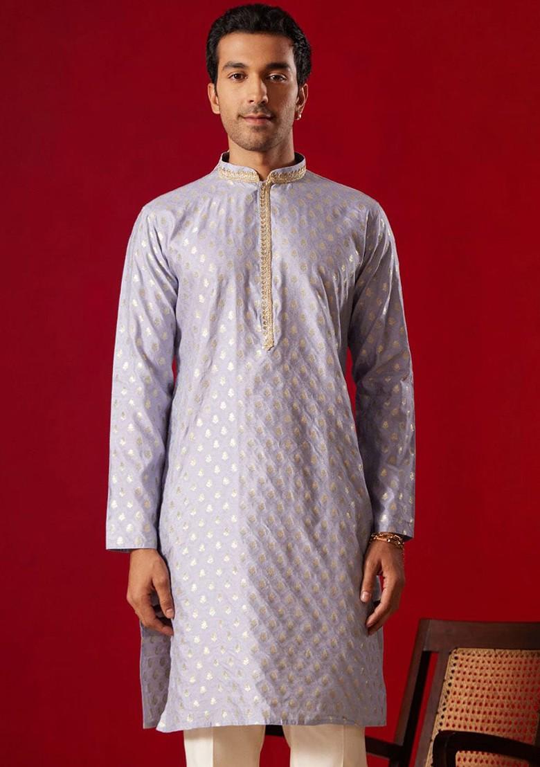 Blue Ethnic Motifs Jacquard Kurta For Men