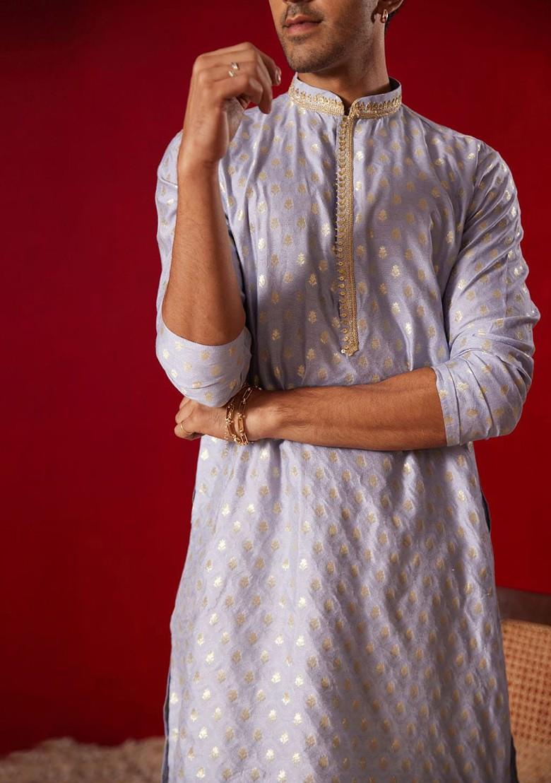 Blue Ethnic Motifs Jacquard Kurta For Men