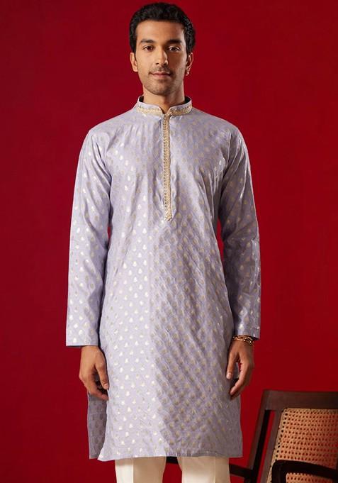 Blue Ethnic Motifs Jacquard Kurta For Men