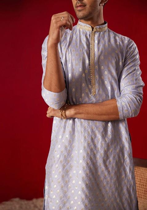 Blue Ethnic Motifs Jacquard Kurta For Men