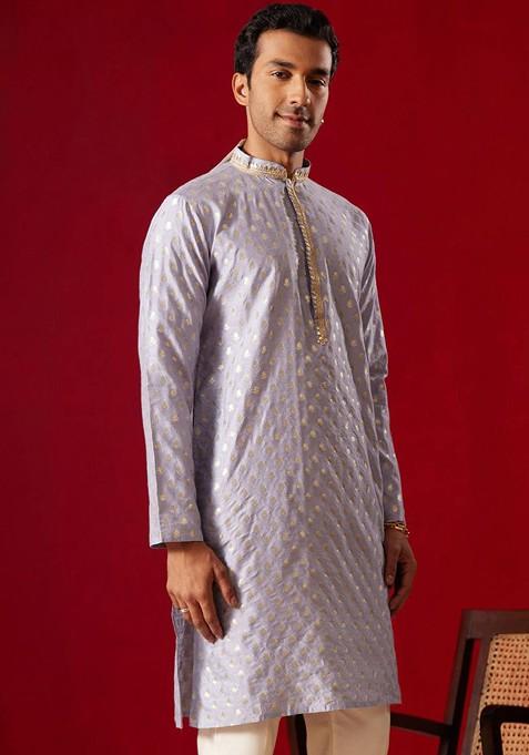 Blue Ethnic Motifs Jacquard Kurta For Men