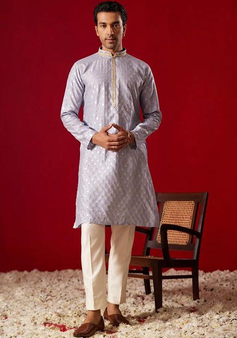 Blue Ethnic Motifs Jacquard Kurta For Men