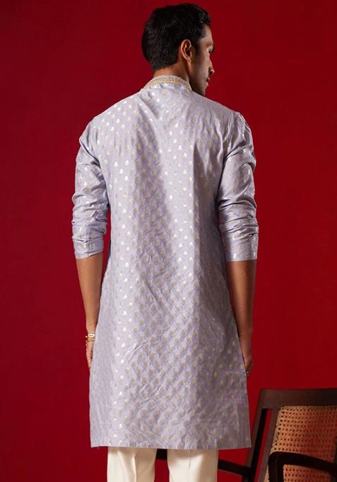 Blue Ethnic Motifs Jacquard Kurta For Men