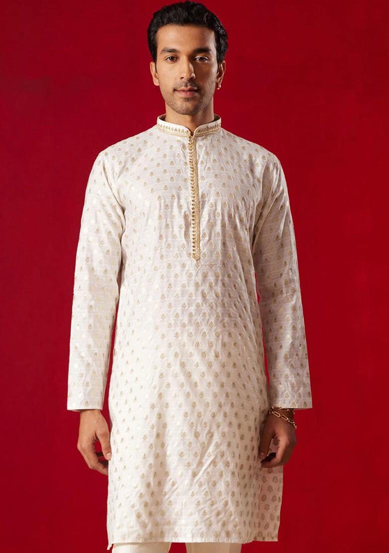 Cream Ethnic Motifs Jacquard Kurta For Men