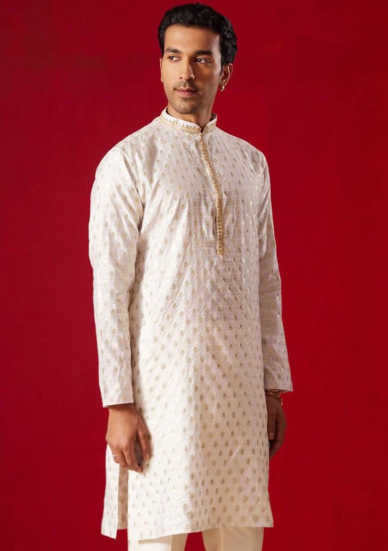 Cream Ethnic Motifs Jacquard Kurta For Men