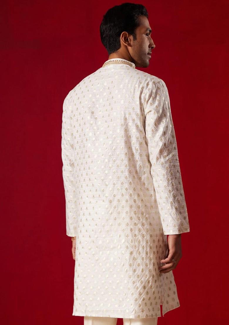 Cream Ethnic Motifs Jacquard Kurta For Men