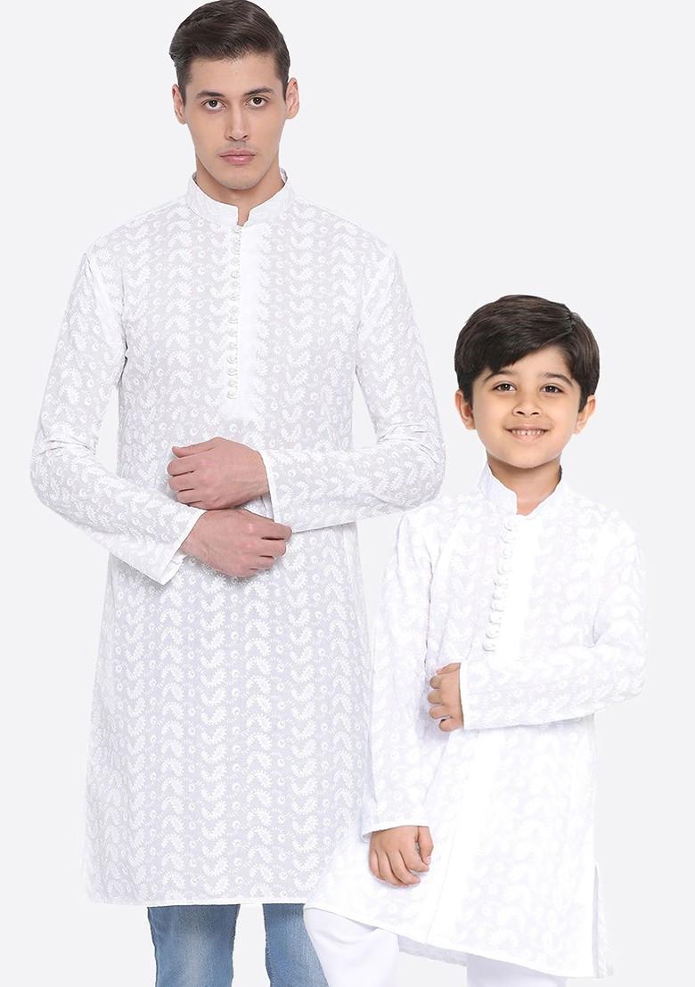 White Ethnic Motifs Cotton Kurta For Men