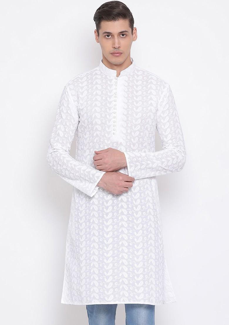 White Ethnic Motifs Cotton Kurta For Men