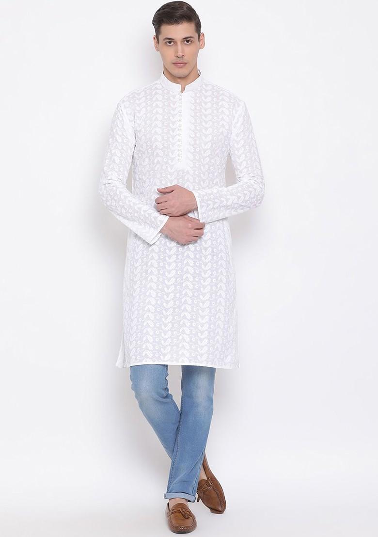 White Ethnic Motifs Cotton Kurta For Men