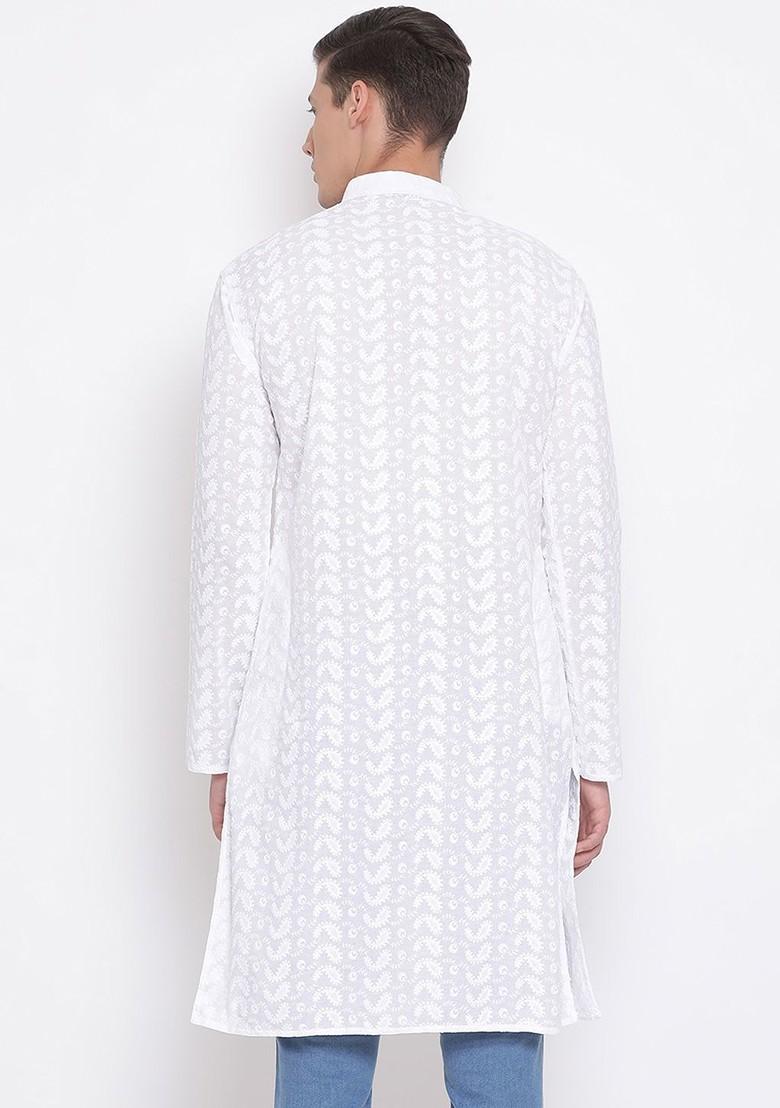 White Ethnic Motifs Cotton Kurta For Men