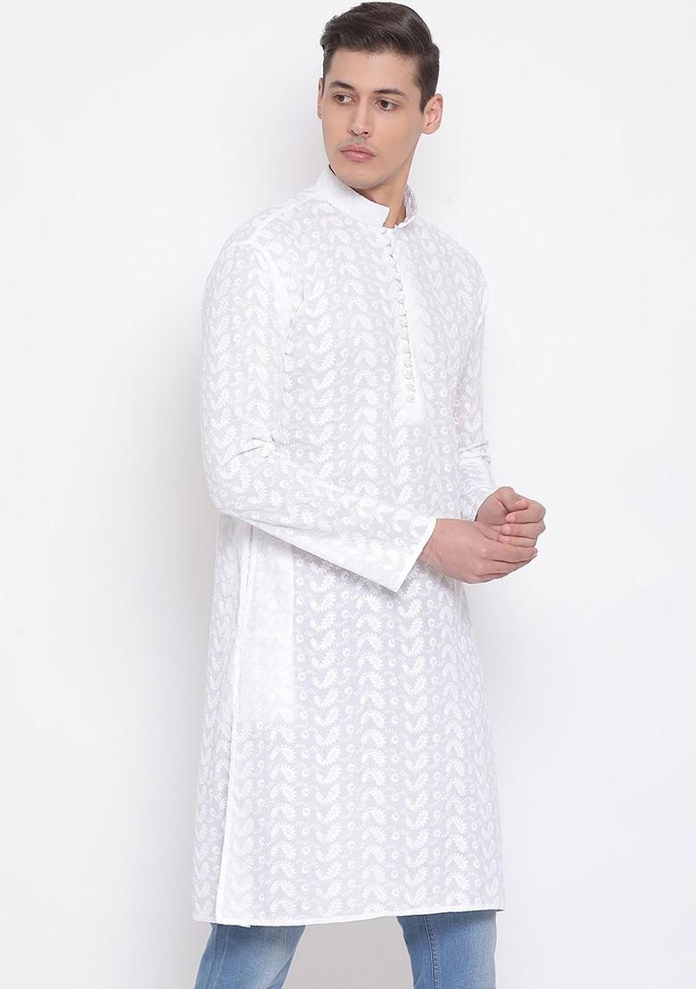 White Ethnic Motifs Cotton Kurta For Men