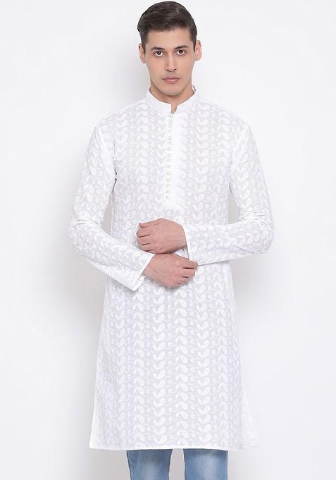 White Ethnic Motifs Cotton Kurta For Men