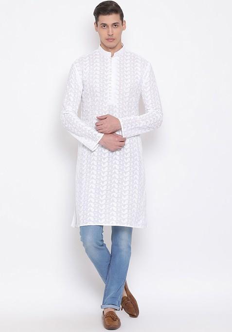 White Ethnic Motifs Cotton Kurta For Men