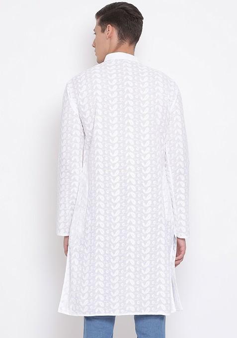 White Ethnic Motifs Cotton Kurta For Men