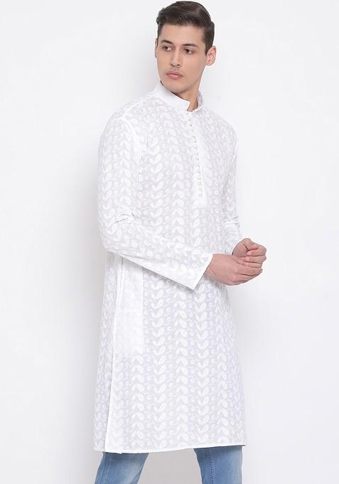 White Ethnic Motifs Cotton Kurta For Men