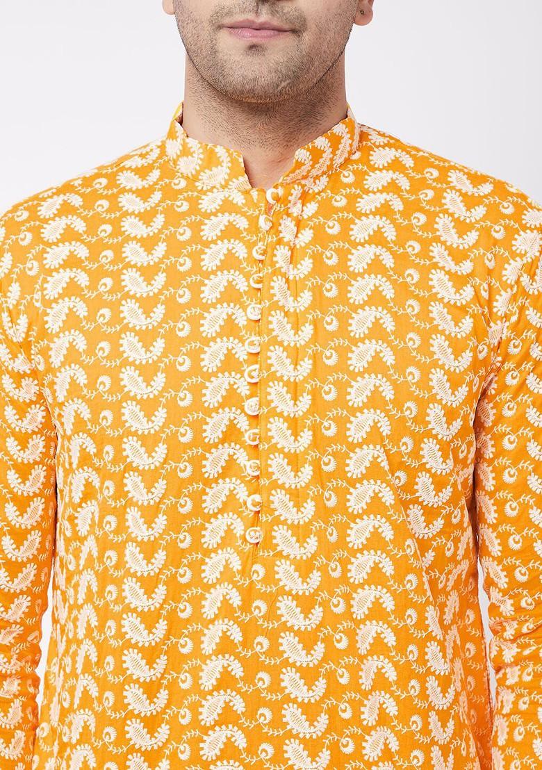 Orange Ethnic Motifs Cotton Kurta For Men