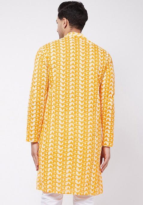 Orange Ethnic Motifs Cotton Kurta For Men