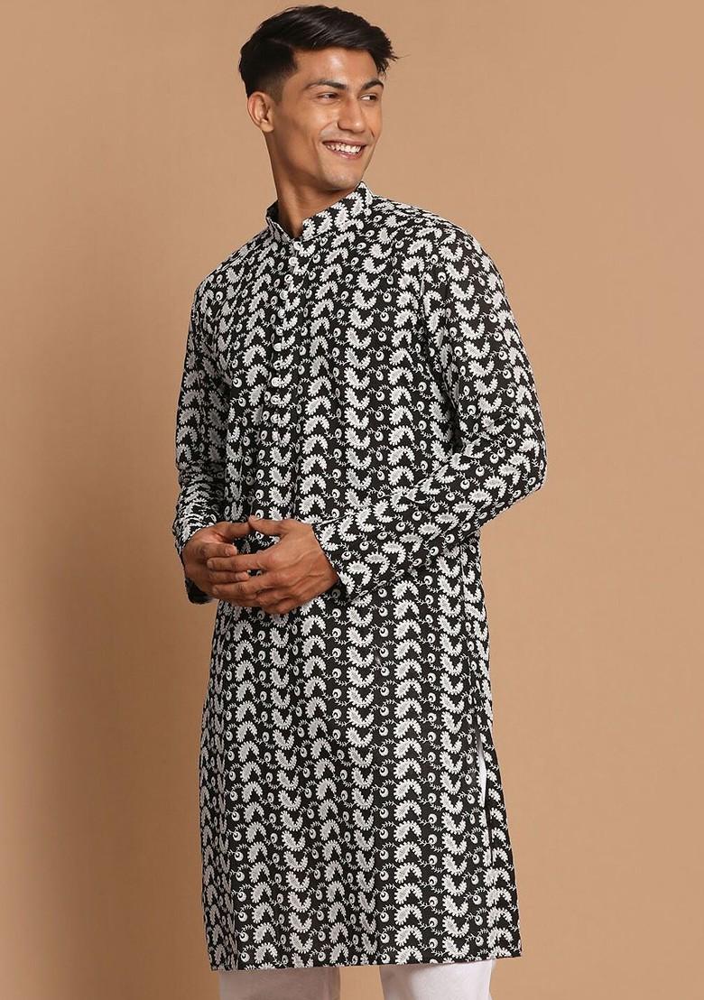 Black Embroidered Cotton Kurta For Men
