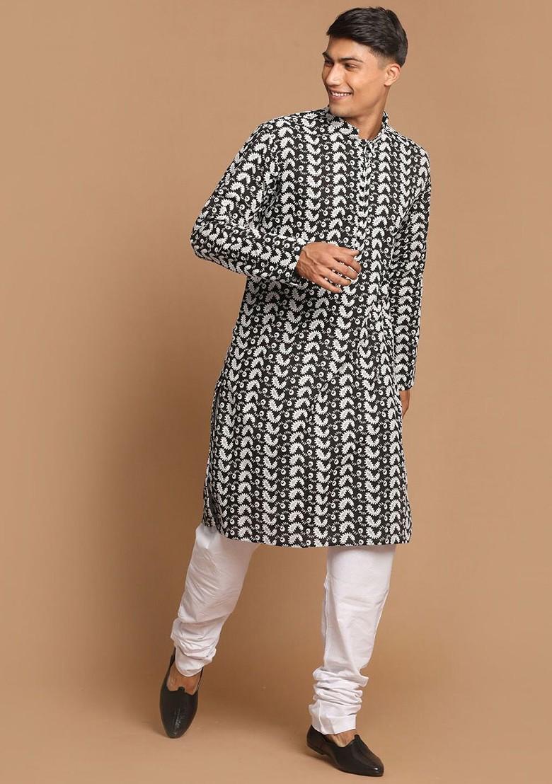 Black Embroidered Cotton Kurta For Men