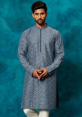 Grey Floral Print Poly Blend Kurta For Men