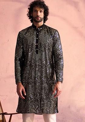 Black Embellished Poly Blend Kurta For Men