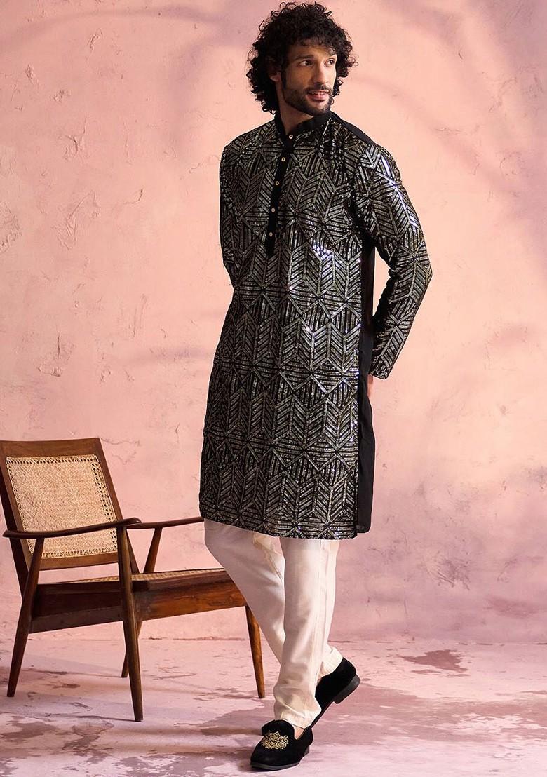 Black Embellished Poly Blend Kurta For Men