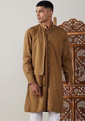 Coffee Brown Solid Cotton Kurta For Men