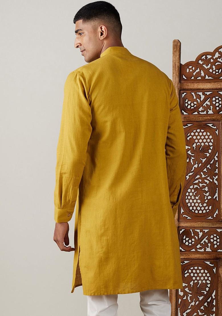 Mustard Solid Cotton Kurta For Men