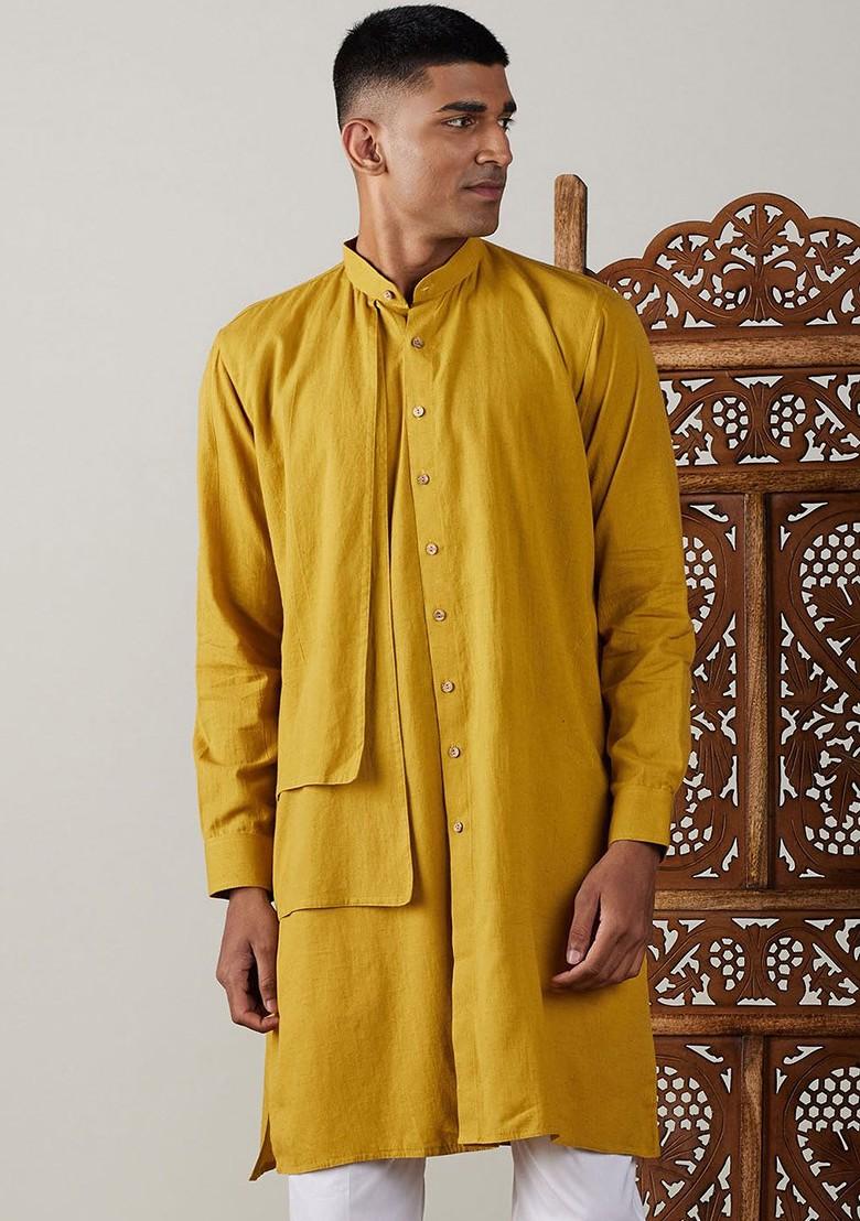 Mustard Solid Cotton Kurta For Men