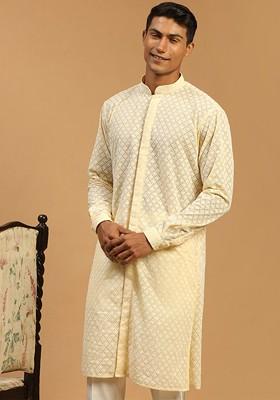 Yellow Embroidered Poly Blend Kurta For Men