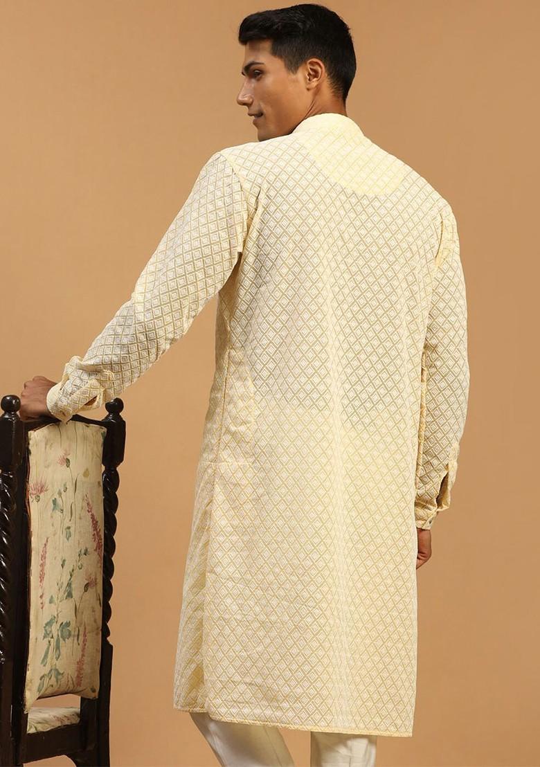 Yellow Embroidered Poly Blend Kurta For Men
