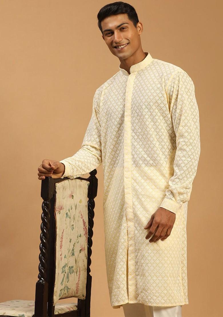Yellow Embroidered Poly Blend Kurta For Men