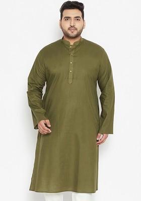 Olive Solid Poly Blend Kurta For Men