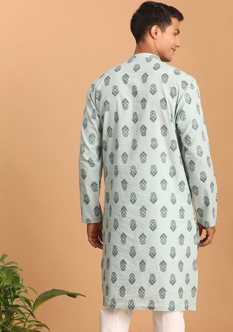 Blue Ethnic Motifs Poly Blend Kurta For Men