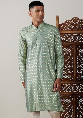 Green Floral Print Poly Blend Kurta For Men