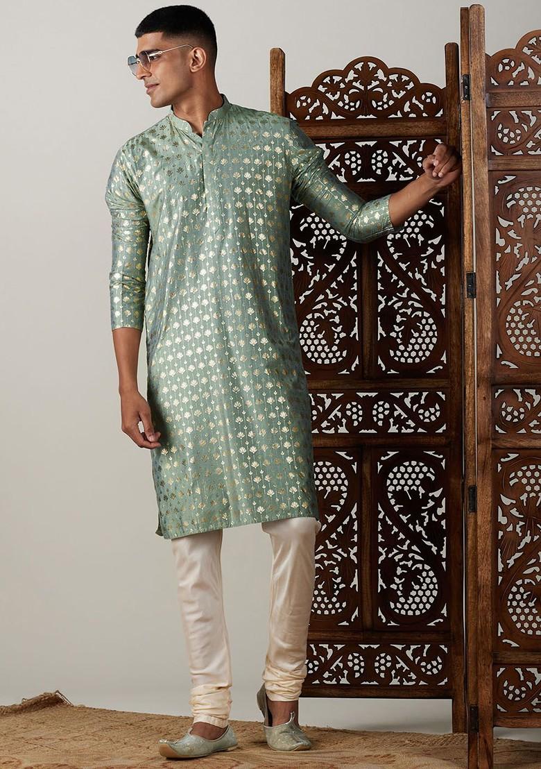Green Floral Print Poly Blend Kurta For Men