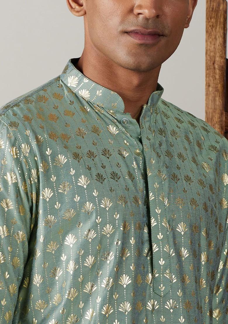 Green Floral Print Poly Blend Kurta For Men