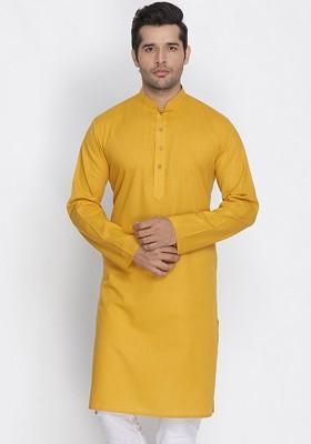 Mustard Solid Cotton Kurta For Men