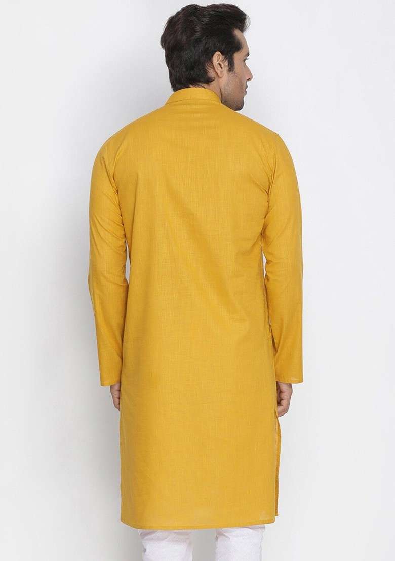 Mustard Solid Cotton Kurta For Men - Indya