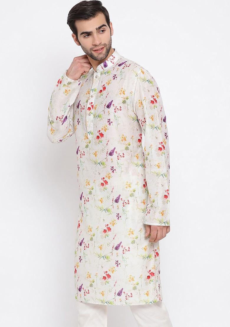 Cream Floral Print Poly Blend Kurta For Men