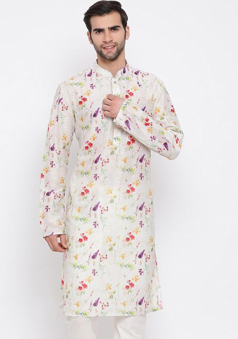 Cream Floral Print Poly Blend Kurta For Men