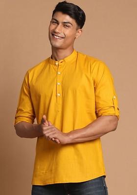 Mustard Solid Poly Blend Kurta For Men
